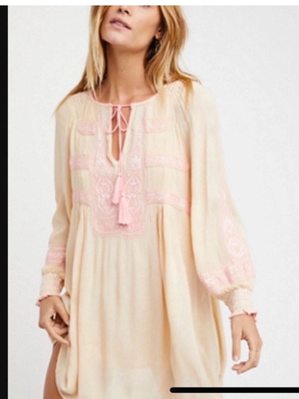 Free People Cream Tunic with Pink Embroidery | XS